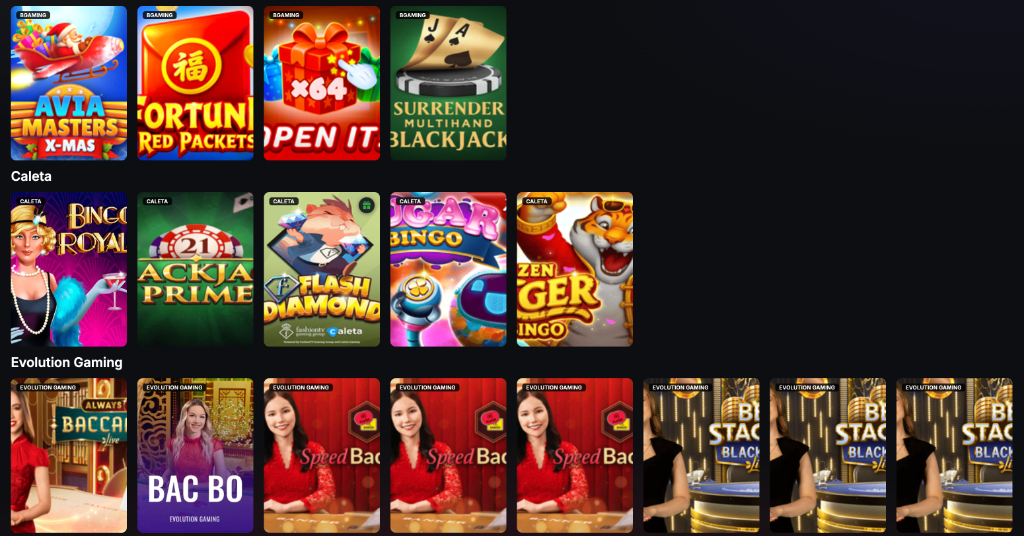 Провайдеры игр: BGaming, Caleta, Evolution Gaming